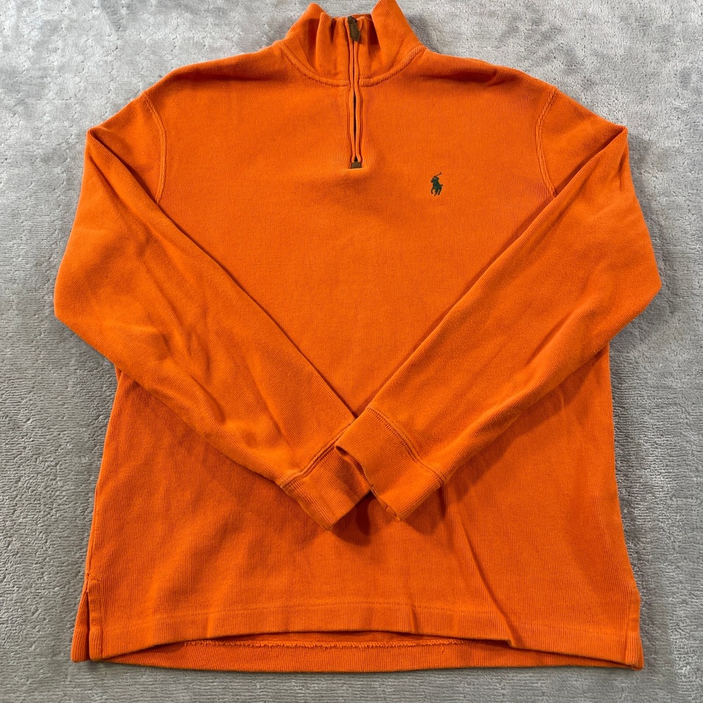 Polo Ralph Lauren 1/4 Zip Pullover Sweater Mens Small Orange Ribbed Fall Holiday